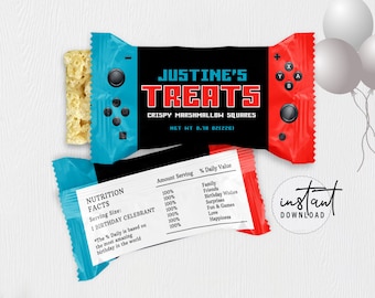 Video Game Rice Treat Wrapper, Rice Krispy Treat Template, Video Game Birthday Theme, instant download