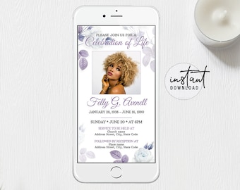 Funeral Evite, Digital Invite, Electronic Funeral Announcement, Purple Rose Theme Funeral Program, Obituary Program, instant download