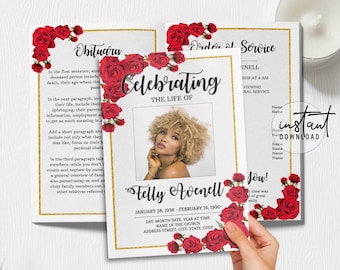 4 Page Funeral Program Template, Editable Funeral Program, Red Rose Funeral Program, Obituary Program, Memorial Programs, instant download