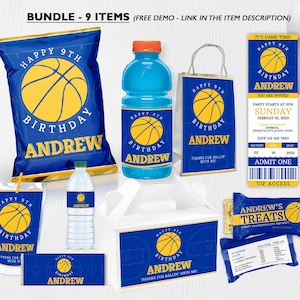 Basketball Birthday Bundle Set, Blue and Yellow Birthday Theme, Basketball Birthday Theme, instant download