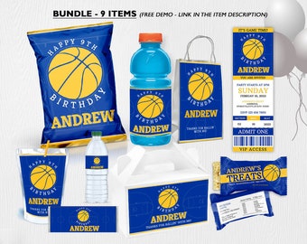 Basketball Birthday Bundle Set, Blue and Yellow Birthday Theme, Basketball Birthday Theme, instant download