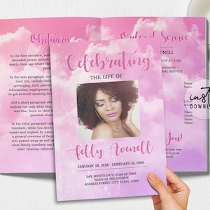 4 Page Funeral Program Template, Editable Funeral Program, Pink Clouds Theme, Obituary Program, Memorial Programs, instant download