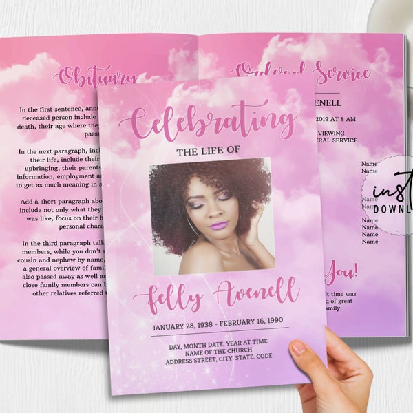 4 Page Funeral Program Template, Editable Funeral Program, Pink Clouds Theme, Obituary Program, Memorial Programs, instant download