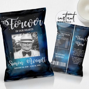 Funeral Chip Bag Label, Memorial Chip Bag, Blue Galaxy Theme, Blue Galaxy Memorial Programs, Obituary Chip Bag, instant download