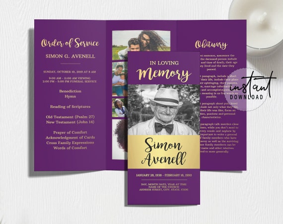 Trifold Funeral Program Template, Tri-fold Brochure, Purple and