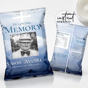 Funeral Chip Bag Label, Memorial Chip Bag, Blue Sky Cross Funeral Theme, Gold Memorial Programs, Obituary Chip Bag, instant download