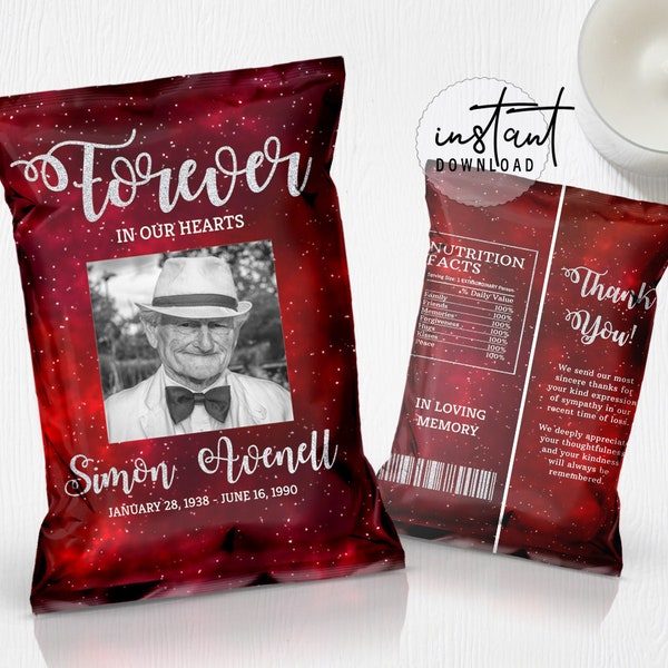 Funeral Chip Bag Label, Memorial Chip Bag, Red Galaxy Theme, Red Galaxy Memorial Programs, Obituary Chip Bag, instant download
