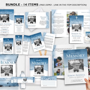 Funeral Bundle Set, Funeral Program Template, Funeral Program, Blue Watercolor Theme, Obituary Program, instant download