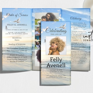 Trifold Funeral Program Template, Tri-fold Brochure, Ocean Theme Funeral Program, Obituary Program, instant download
