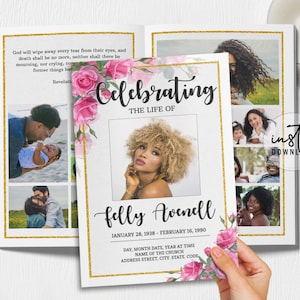 8 Page Funeral Program Template, Editable Funeral Program, Pink Rose Funeral Program, Obituary Program, Memorial Programs, instant download