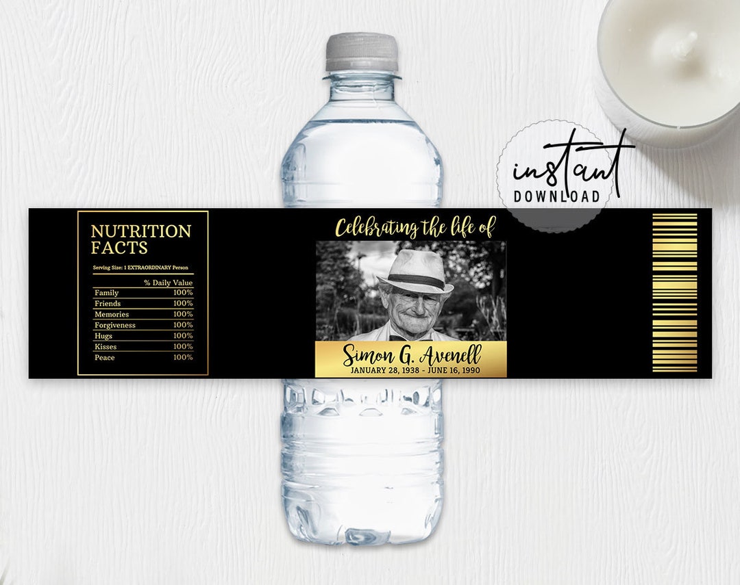 Funeral Water Bottle Label, Memorial Water Bottle, Black and Gold