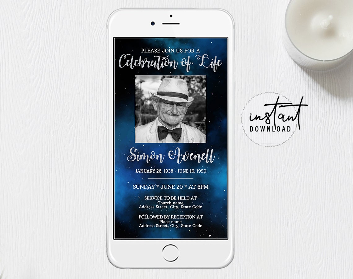 Funeral Evite, Digital Invite, Electronic Funeral Announcement, Blue Galaxy Theme, Obituary Program, instant download