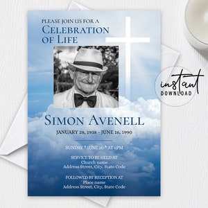 Editable Funeral Invitation Template, Celebration of Life, Obituary Program, Blue Sky Cross Funeral Invitation, instant download