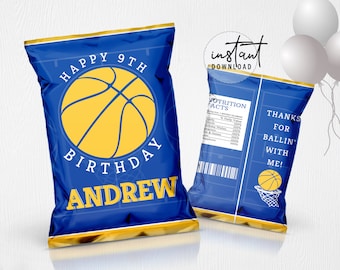 Basketball Chip Bag Label, Chip Bags Party Favor, Blue and Yellow Birthday Theme, Basketball Birthday Theme, instant download