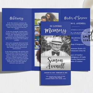 Trifold Funeral Program Template, Tri-fold Brochure, Blue and Silver Funeral Theme, Memorial Programs, Obituary Program, instant download