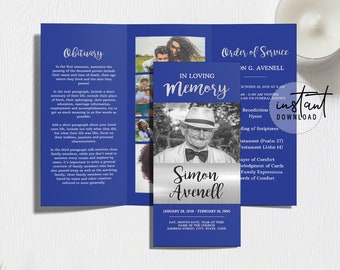 Trifold Funeral Program Template, Tri-fold Brochure, Blue and Silver Funeral Theme, Memorial Programs, Obituary Program, instant download