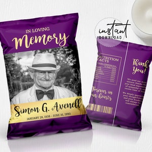 Funeral Chip Bag Label, Memorial Chip Bag, Purple and Gold Theme, Gold Memorial Programs, Obituary Chip Bag, instant download