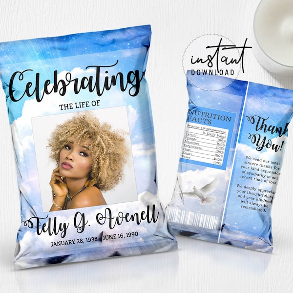 Funeral Chip Bag Label, Memorial Chip Bag, Funeral Clouds Theme, Clouds Memorial Programs, Obituary Chip Bag, instant download