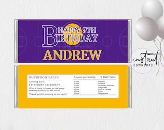 Hershey Bar Wrapper Template, Chocolate Bar Wrapper, Purple and Gold Birthday Theme, Basketball Birthday Theme, instant download