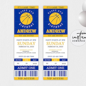 Basketball Ticket Birthday Invitation, Basketball Invitation, Blue & Yellow Birthday Theme, Basketball Birthday Theme, instant download