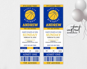 Basketball Ticket Birthday Invitation, Basketball Invitation, Blue & Yellow Birthday Theme, Basketball Birthday Theme, instant download