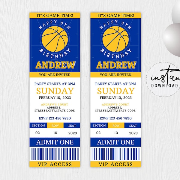 Basketball Ticket Birthday Invitation, Basketball Invitation, Blue & Yellow Birthday Theme, Basketball Birthday Theme, instant download