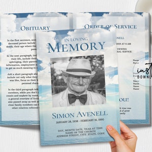 4 Page Funeral Program Template, Editable Funeral Program, Blue Sky Water Theme, Obituary Program, Memorial Programs, instant download