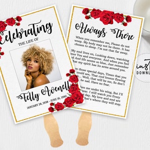 May include: A red and gold funeral program fan with a photo of a woman and the text "Celebrating the Life of Felly Avenell January 28, 1938 - June 16, 1990" and "Always There" with a poem about remembering a loved one.