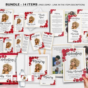 Funeral Bundle Set, Funeral Program Template, Funeral Program, Red Rose Funeral Program Theme, Obituary Program, instant download