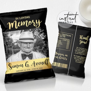 Funeral Chip Bag Label, Memorial Chip Bag, Black and Gold Theme, Gold Memorial Programs, Obituary Chip Bag, instant download