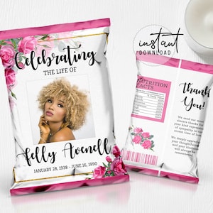 Funeral Chip Bag Label, Memorial Chip Bag, Pink Rose Funeral Program Theme, Pink Rose Memorial Programs, Obituary Chip Bag, instant download
