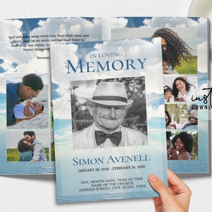 Modello di programma funebre di 8 pagine, programma funebre modificabile, tema acqua cielo blu, programma di necrologi, programmi commemorativi, download istantaneo