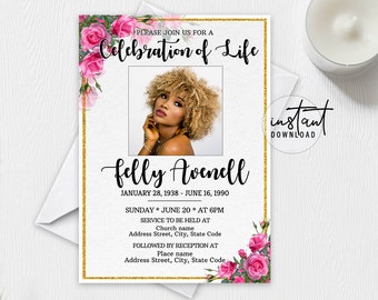 Editable Funeral Invitation Template, Celebration of Life, Obituary Program, Pink Rose Funeral Program Invitation, instant download
