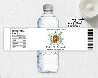 Funeral Water Bottle Label, Memorial Water Bottle, Green Leaves Funeral Theme, Memorial Programs, Obituary Program, instant download