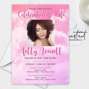 Editable Funeral Invitation Template, Celebration of Life, Obituary Program, Pink Clouds Invitation Theme, instant download