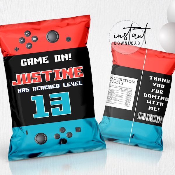Video Game Chip Bag Label, Chip Bags Party Favor, Video Game Birthday Theme, instant download