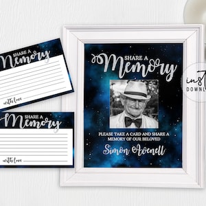 Funeral Share A Memory Card and Sign, Share A Memory Template, Blue Galaxy Theme, Obituary Program, instant download