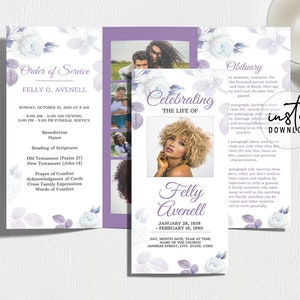 Trifold Funeral Program Template, Tri-fold Brochure, Purple Rose Theme Funeral Program, Obituary Program, instant download