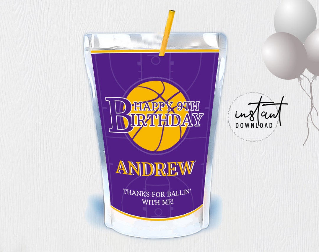 バースデー カプリ サン ラベル、パープルとゴールドのジュース ポーチ ラベル、パープルとゴールドのバースデー テーマ、バスケットボールのバースデー  テーマ、即時ダウンロード - Etsy 日本, image size:1080x855