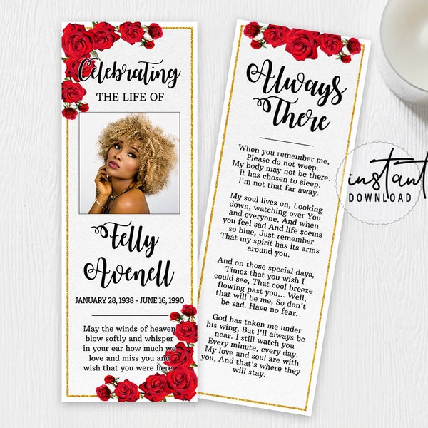 Funeral Bookmark Template, Funeral Keepsake Cards, Red Rose Funeral Program Theme, Obituary Bookmark, Obituary Program, instant download