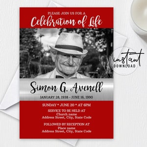 Editable Funeral Invitation, Celebration of Life, Obituary Program, Red and Silver Funeral Theme, Memorial Program, instant download