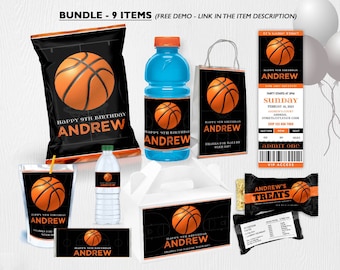 May include: A printable set of 9 basketball-themed party decorations for a birthday party. The set includes a favor bag, a water bottle label, a treat bag, a favor box, a ticket, and a gift bag. The decorations are black and orange with a basketball graphic and the name "Andrew".