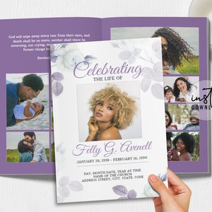 8 Page Funeral Program Template, Editable Funeral Program, Purple Rose Funeral Theme, Obituary Program, Memorial Programs, instant download