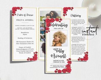 Trifold Funeral Program Template, Tri-fold Brochure, Red Rose Funeral Program Theme, Memorial Programs, Obituary Program, instant download