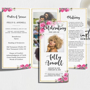 Trifold Funeral Program Template, Tri-fold Brochure, Pink Rose Funeral Program Theme, Memorial Programs, Obituary Program, instant download