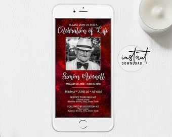 Funeral Evite, Digital Invite, Electronic Funeral Announcement, Red Galaxy Theme, Obituary Program, instant download