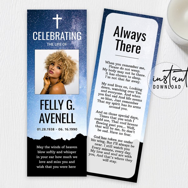 Funeral Bookmark Template, Funeral Keepsake Cards, Milky Way Galaxy Theme, Obituary Bookmark, Obituary Program, instant download