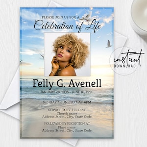 Editable Funeral Invitation Template, Celebration of Life, Obituary Program, Ocean Funeral Invitation, instant download