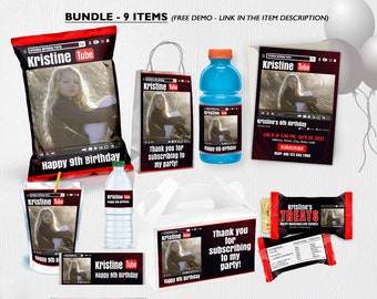 YouTube Dark Birthday Bundle Set, YouTube Dark Birthday Theme, Editable Birthday Bundle Set Template, instant download