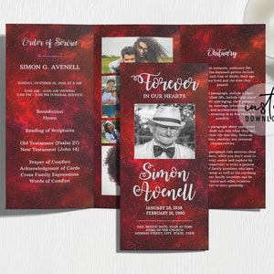 Trifold Funeral Program Template, Tri-fold Brochure, Red Galaxy Theme, Galaxy Memorial Programs, Obituary Program, instant download